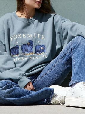 John Galt Brandy Melville Yosemite Crewneck Sweatshirt Embroidered Bear green OS